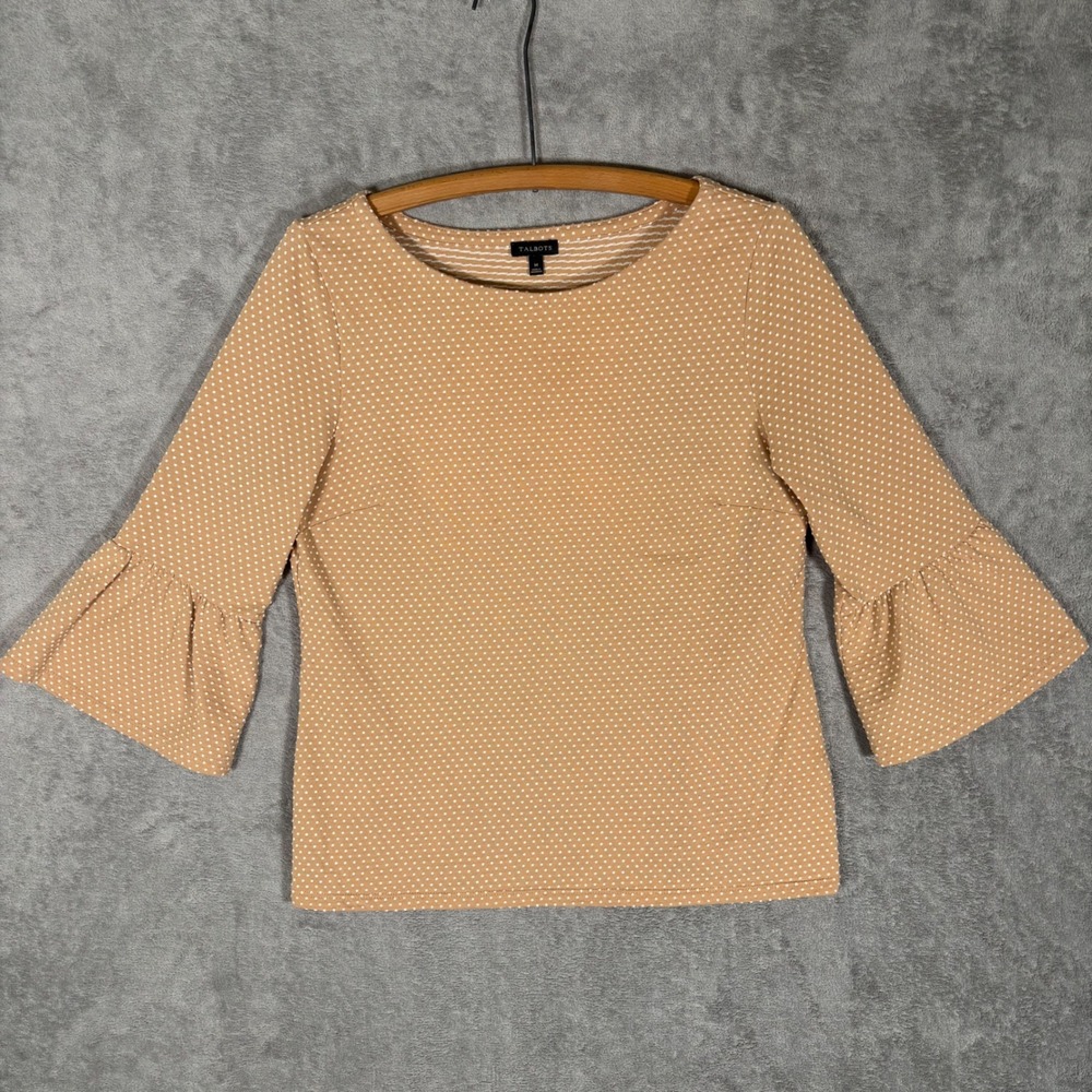 Talbots Womens Medium Tan White Polka Dot Boat Neck Bell Sleeve Knit Top Office